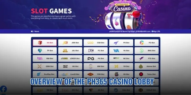 Overview of the PH365 Casino lobby